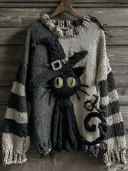 Halloween Black Cat Striped Knitted Warm Crew Neck Sweater