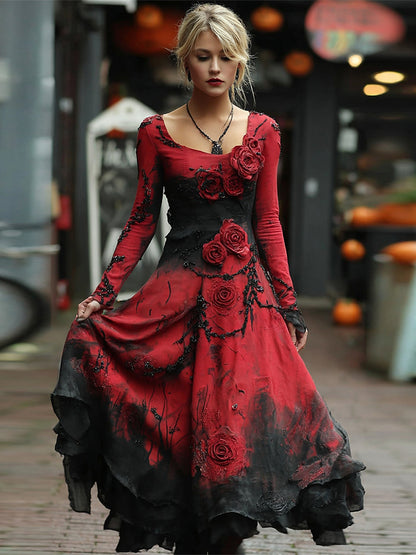Retro Red Rose Embroidery Beaded Gradient Maxi Dress