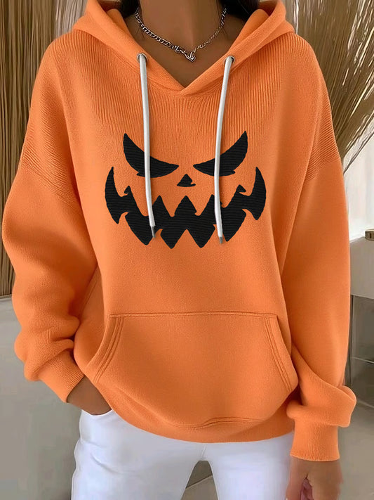 Women's Autumn Pumpkin Face Print Casual Hooded Sweatshirt