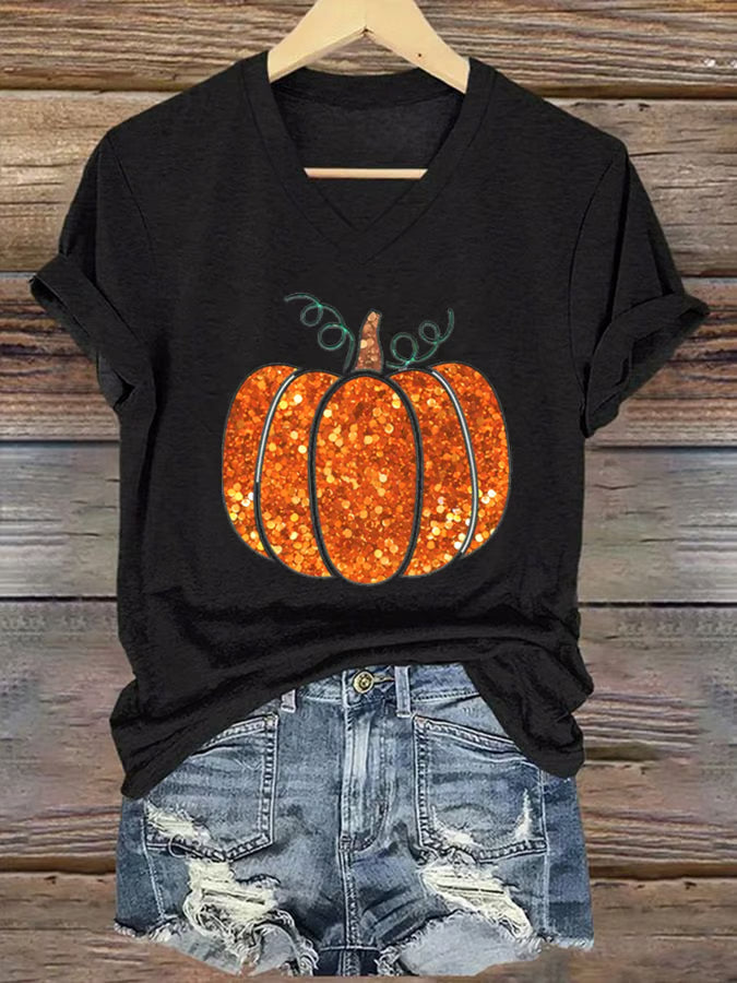 Women's Sequin Pumpkin Print Casual T-Shirt