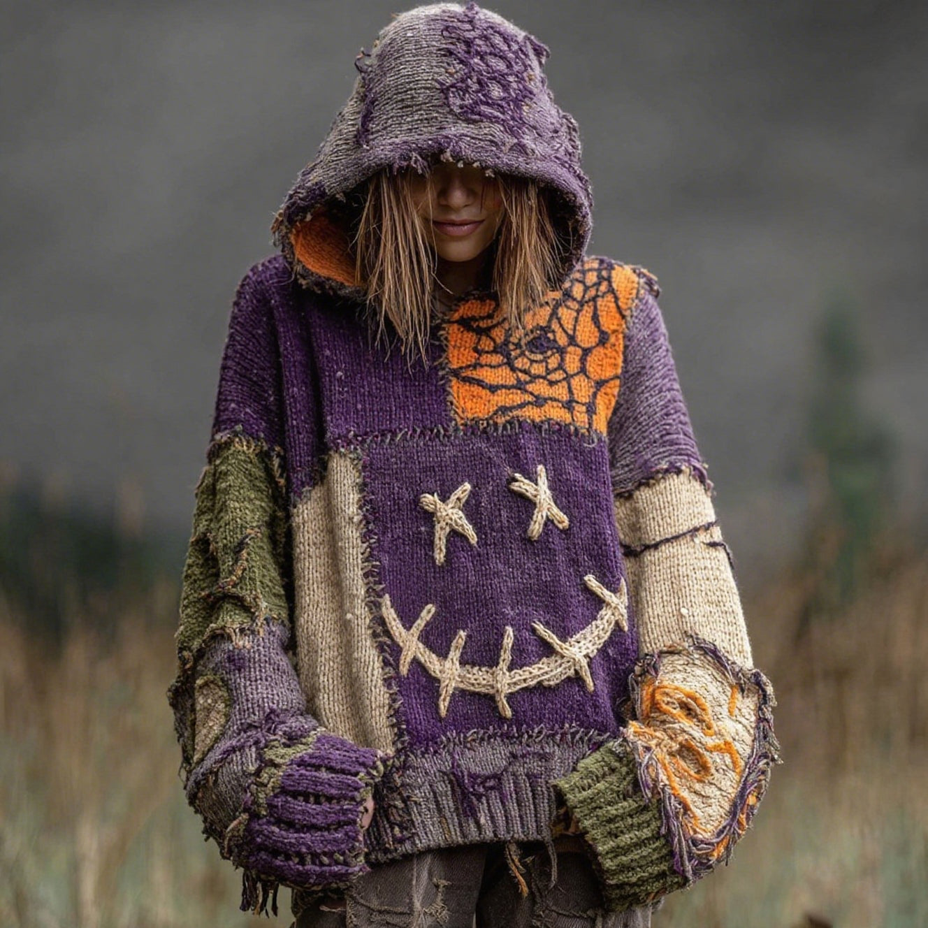 Halloween Spooky Face And Spider Web Patchwork Design Cozy Knit Hooded