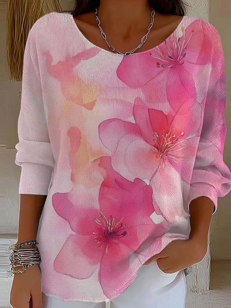 Women's Casual Loose Pink Art Striped Knitted Round Neck Top