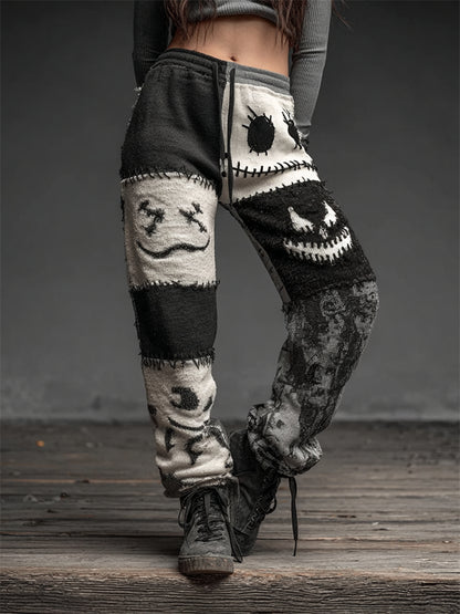 Halloween Spooky Faces Contrast Patchwork Sweatpants