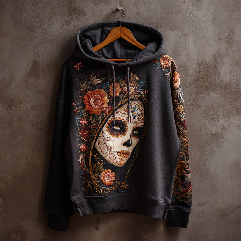 Day Of The Dead Sugar Skull Woman Floral Embroidered Hoodie