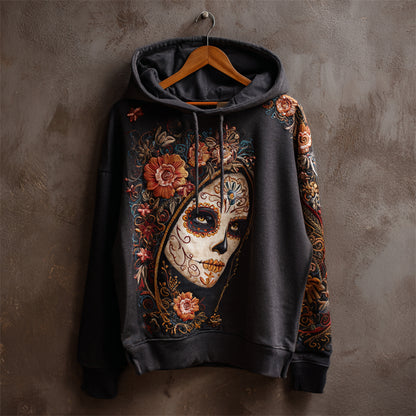 Day Of The Dead Sugar Skull Woman Floral Embroidered Hoodie
