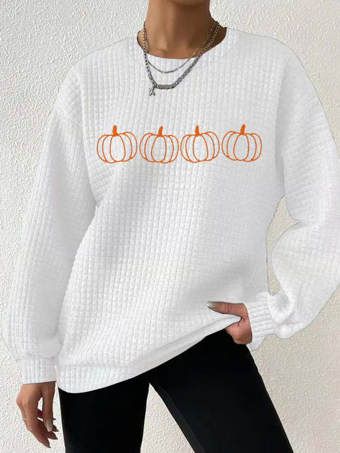 Women's Retro Autumn Pumpkin Print Drop Shoulder Check Sweatshirt