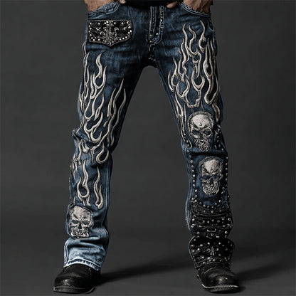 Men's Skulls On Flame Rock Studded Washed Jeans