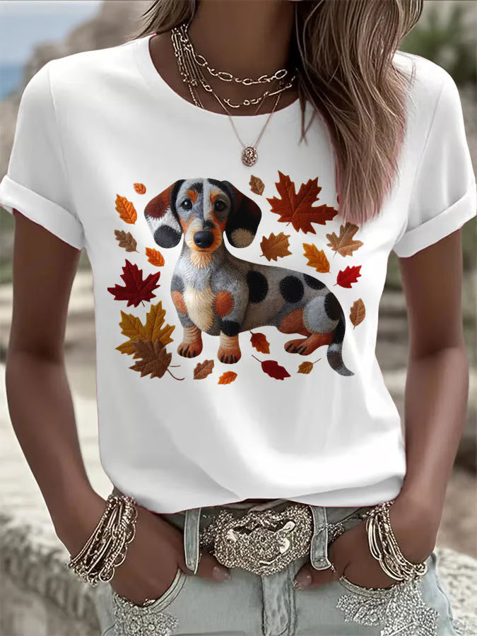 Women's Autumn Dog Print Crew Neck T-Shirt