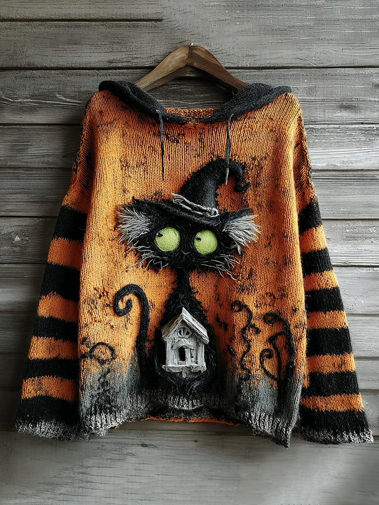 Halloween Black Cat And Castle Embroidered Knitted Warm Hooded Sweater