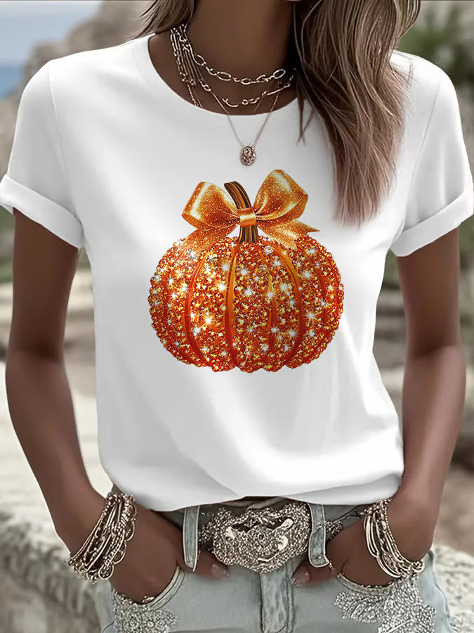 Women's Autumn Sequin Pumpkin Print Crew Neck T-Shirt
