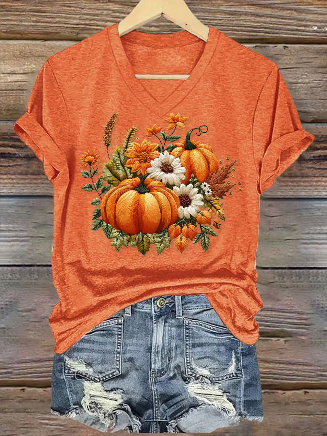 Women's Casual Autumn Pumpkin Short Sleeve T-Shirt
