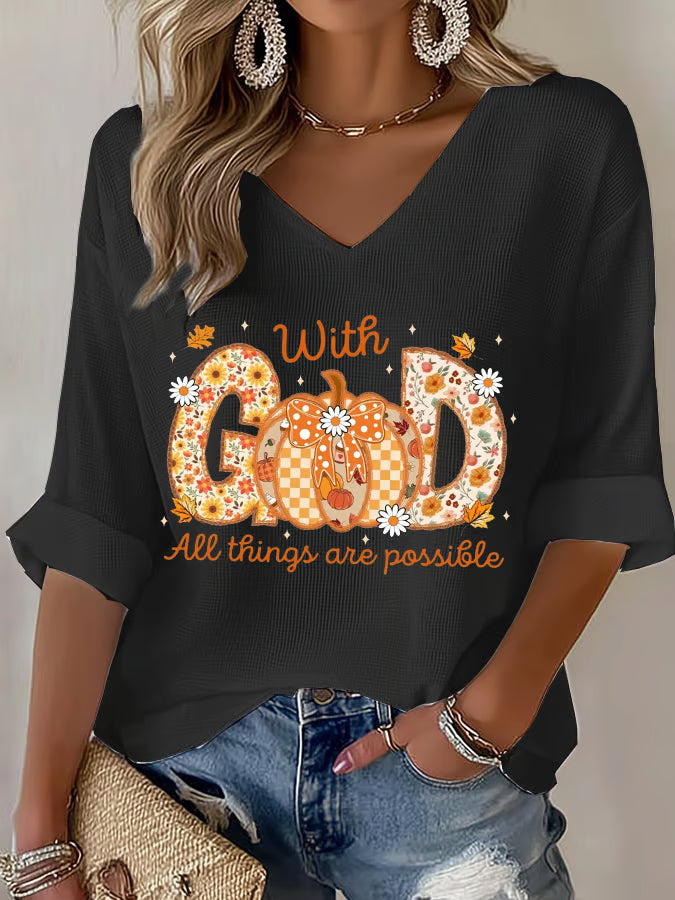 Women's With GOD All Things Are Possible Waffle Long Sleeve T-shirt