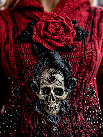 Women's Viking Tribal Raven With Rose And Skull Inspired Knit Hooded Sweater