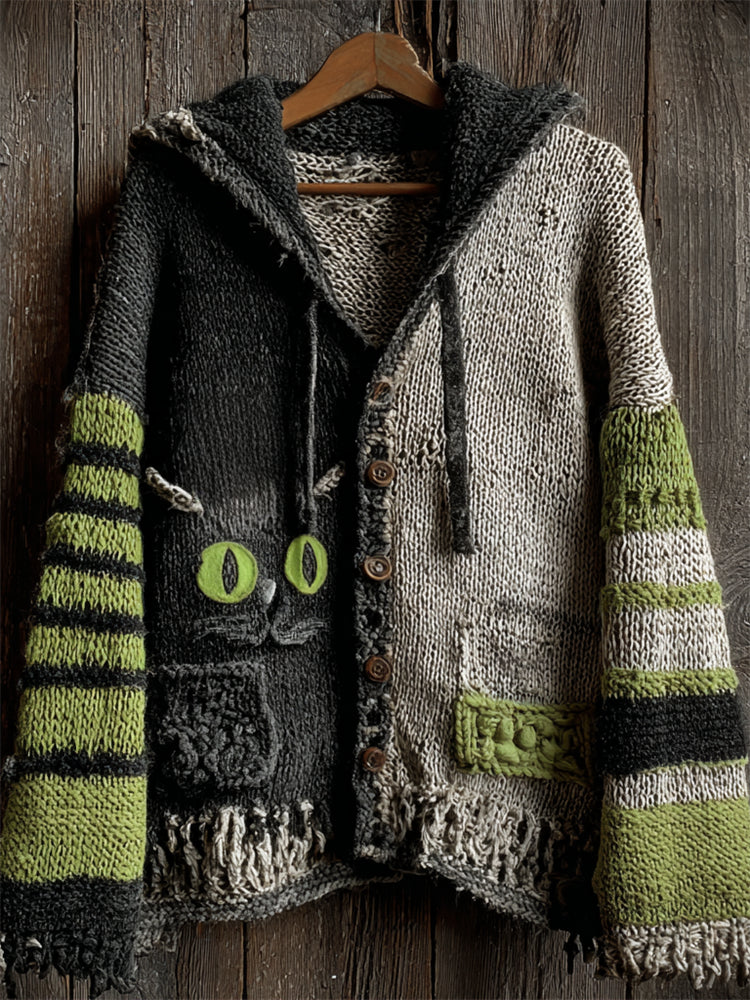 Halloween Black Cat Contrast Striped Hooded Cozy Knit Cardigan