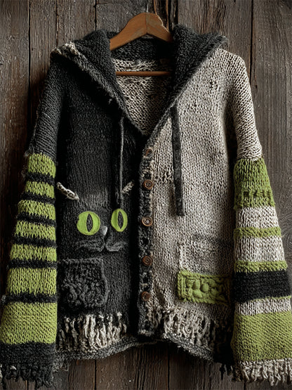 Halloween Black Cat Contrast Striped Hooded Cozy Knit Cardigan