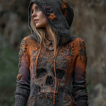 Halloween Skull Floral Celtic Gradient Knit Hooded Sweater