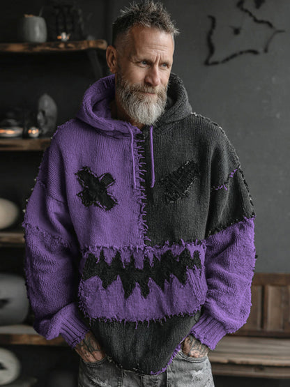 Men's Halloween Spooky Face Colorblock Stitched Hooded Cozy Knit Sweater