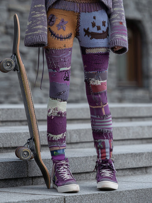 Vintage Halloween Inspired Patchwork Cozy Knitted Leggings