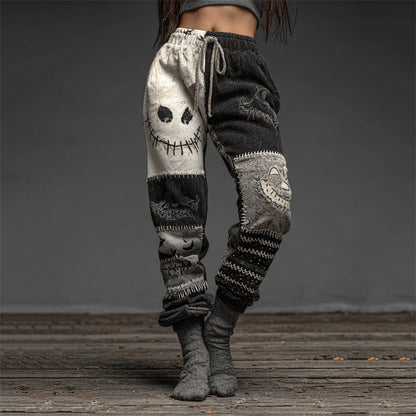 Halloween Spooky Faces Contrast Patchwork Washed Sweatpants
