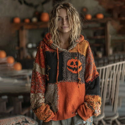 Halloween Pumpkin Patchwork Stitched Cozy Knit Hooded