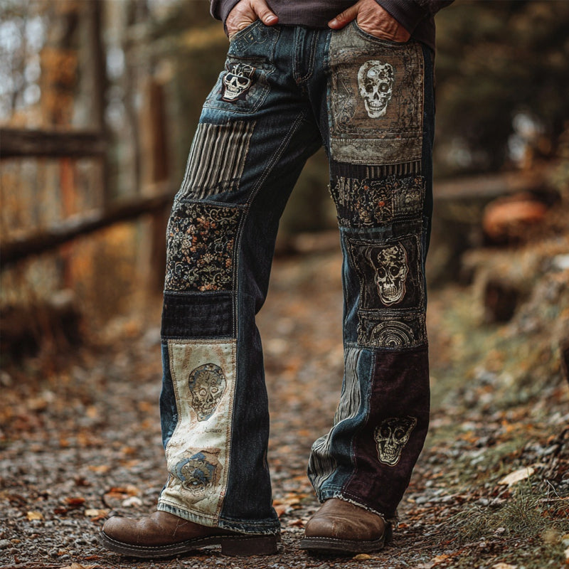Men's Halloween Skull Embroidered Patchwork Cozy Bootcut Jeans