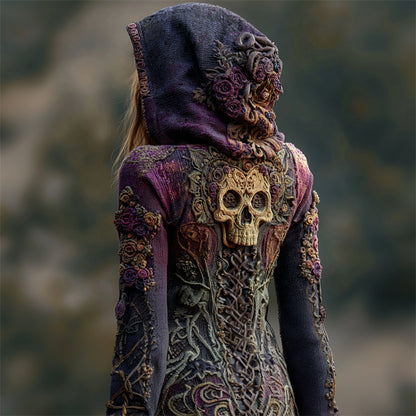 Vintage Skull Purple Roses Gradient Celtic Knit Hooded Sweater