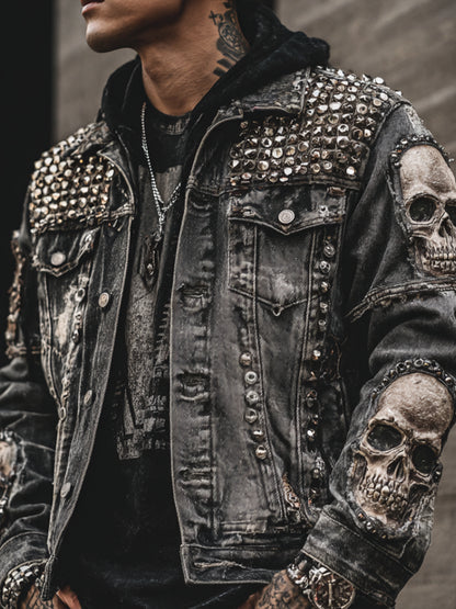 Rock Punk Skull Rivet Element Retro Distressed Heavy-duty Men's Denim Jacket