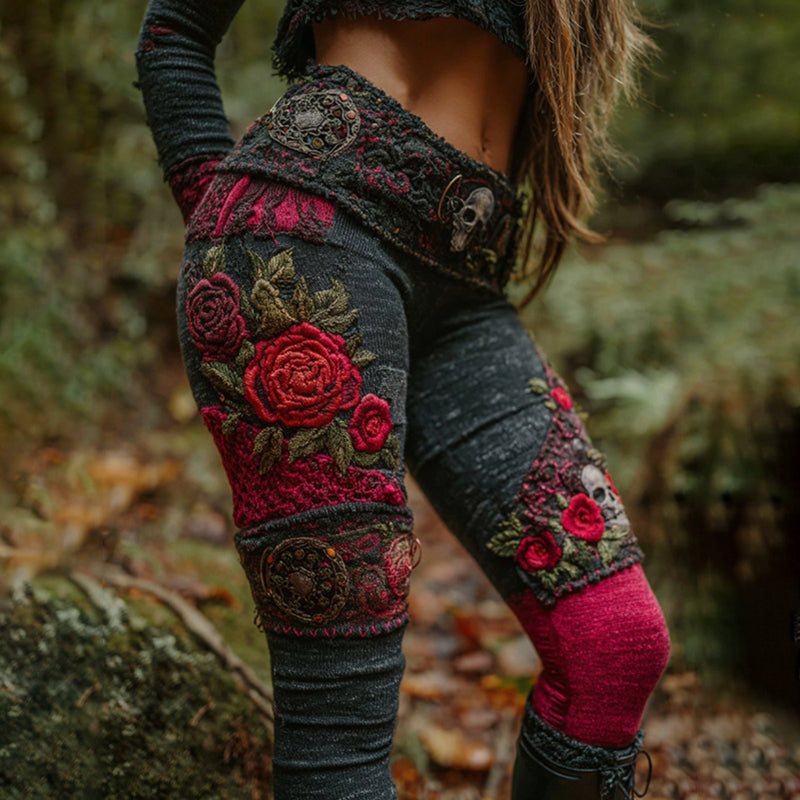Women's Vintage Viking Skull And Rose Patchwork Art Knit Leggings