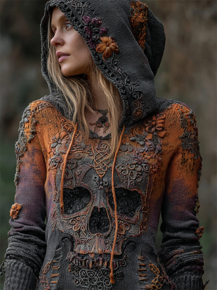 Halloween Skull Floral Celtic Gradient Knit Hooded Sweater