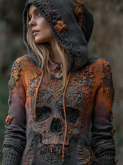 Halloween Skull Floral Celtic Gradient Knit Hooded Sweater