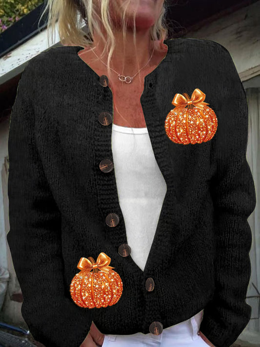 Women's Autumn Sequin Pumpkin Print Cardigan Sweater
