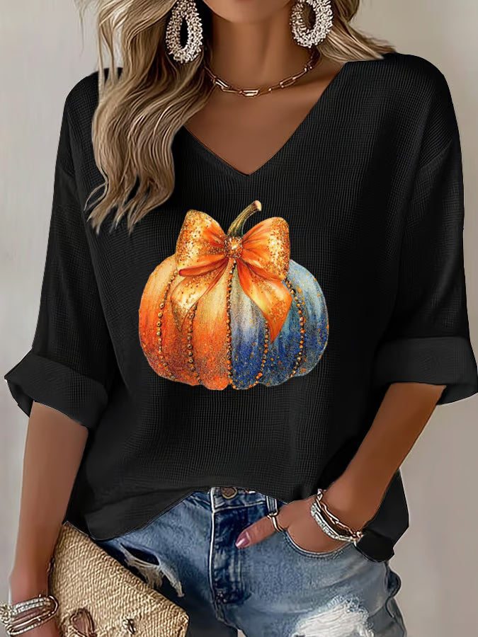 Women's Casual Orange Pumpkin Print Waffle Long-Sleeved T-Shirt