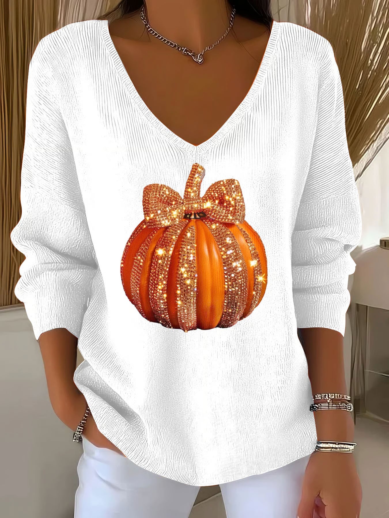 Women's Autumn Sequin Pumpkin Print V-Neck T-Shirt