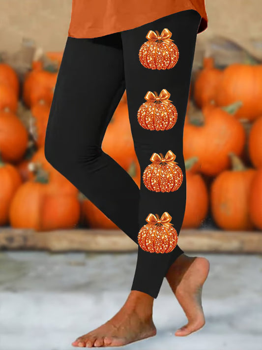 Women's Autumn Sequin Pumpkin Print Skinny High-Stretch Leggings