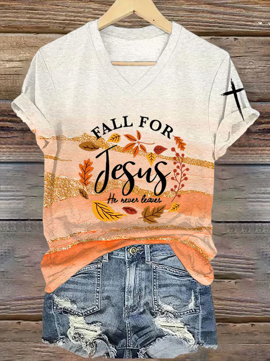 Women's Retro Fall For Jesus He Never Leaves Printed Casual T-Shirt