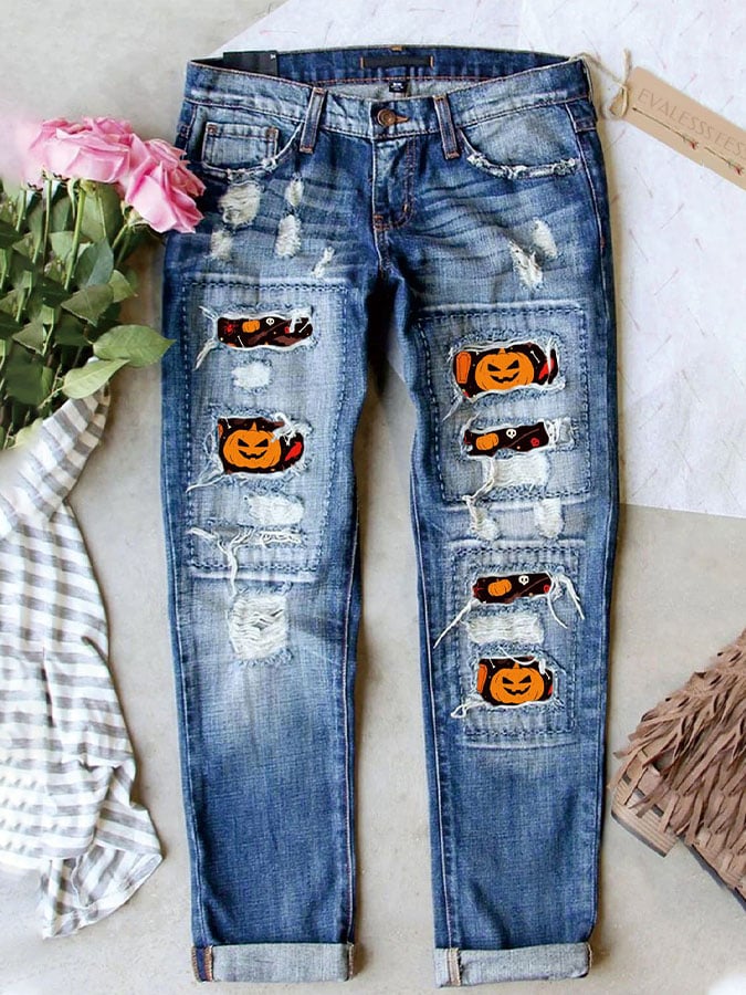 Casual Pumpkin Print Loose Straight Jeans
