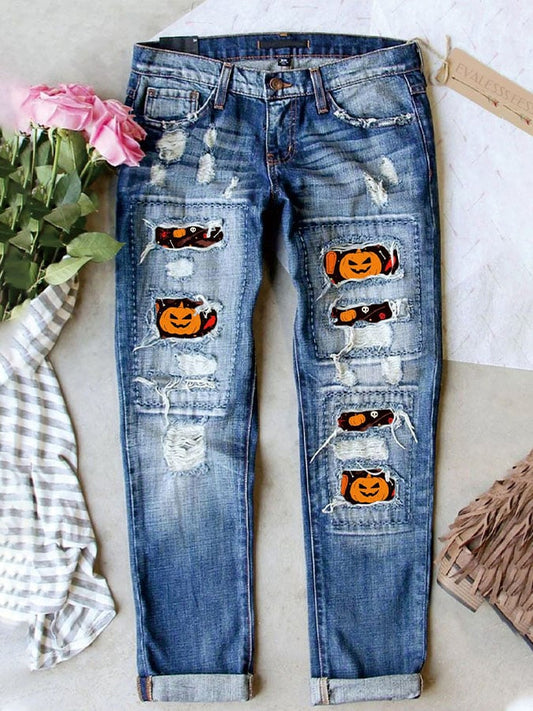 Casual Pumpkin Print Loose Straight Jeans
