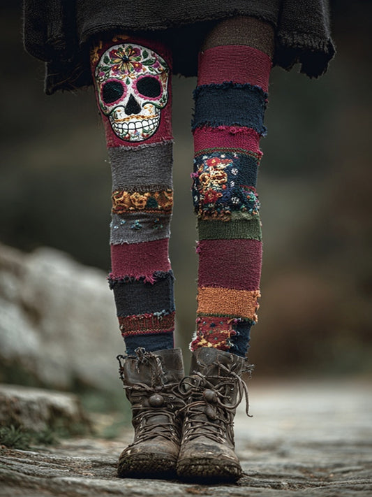 Halloween Skull Striped Patchwork Cozy Knit Leggings