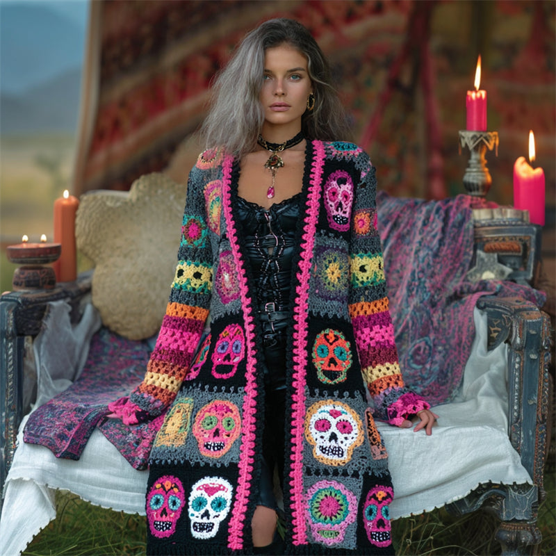 Day Of The Dead Sugar Skulls Floral Colorblock Crochet Cozy Long Cardigan