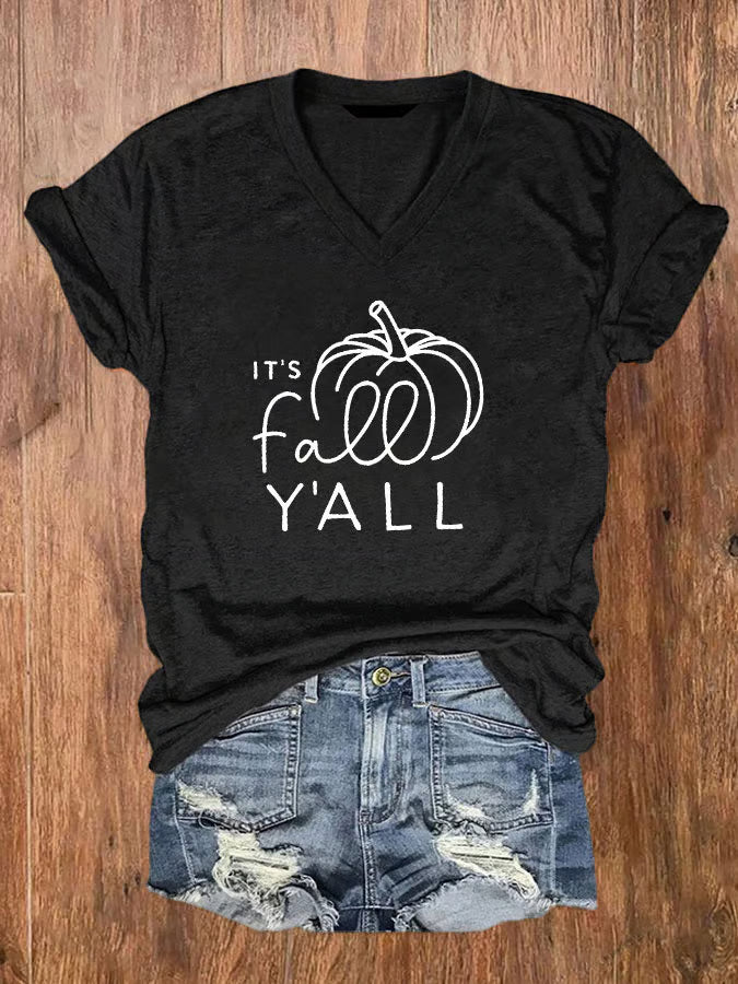 Women's It's Fall Y'all Print V-Neck T-Shirt