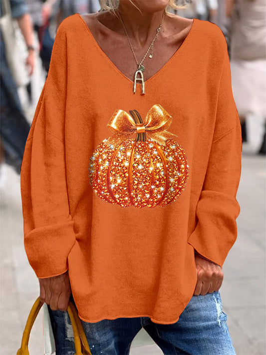 Women's Autumn Sequin Pumpkin Print Casual V-Neck Top