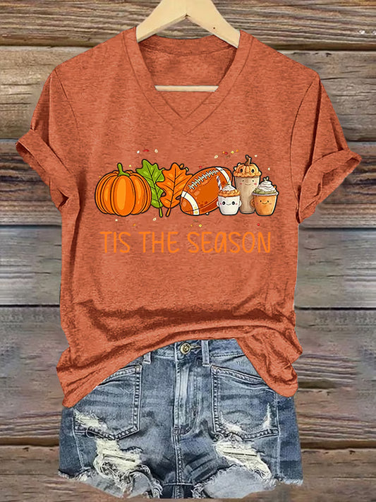 V-Neck Retro Tis The Season Pumpkin Spice Latte Pumpkin Maple Leaf Football Print T-Shirt
