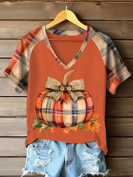 Women's Pumpkin Season Print V Neck T-Shirt