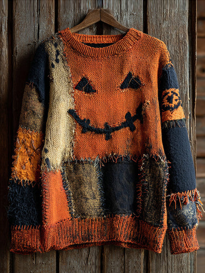 Halloween Pumpkin Face Contrast Stitched Cozy Knit Sweater