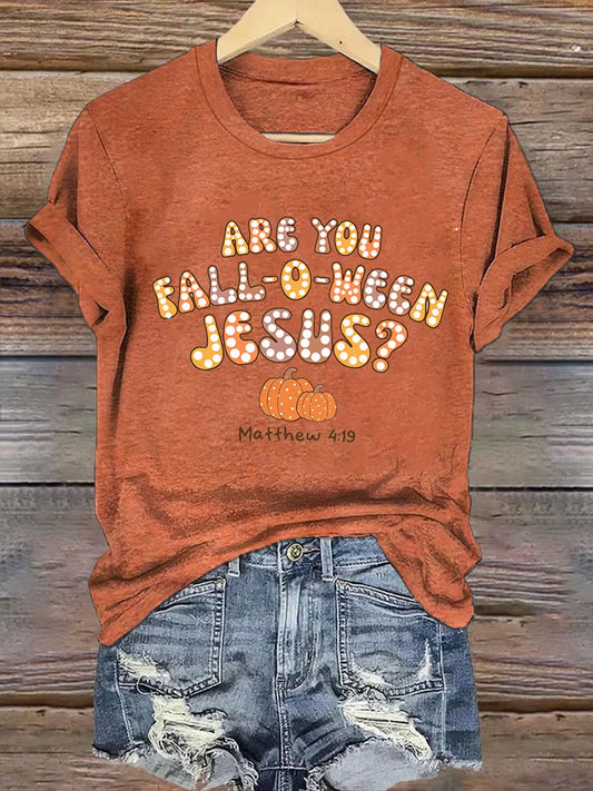 Women'S Casual Halloween Are You Falloween Jesus Matthew 4:19 Print Short Sleeve V Neck T-Shirt
