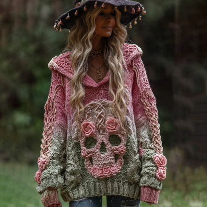 Women's Vintage Viking Tribal Jacquard Celtic With Rose And Skull Inspired Chunky Knit Hooded Sweater