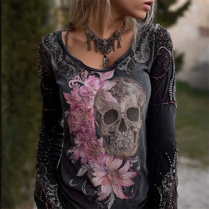 Glitter Skull Flowers Beaded Washed T Shirt