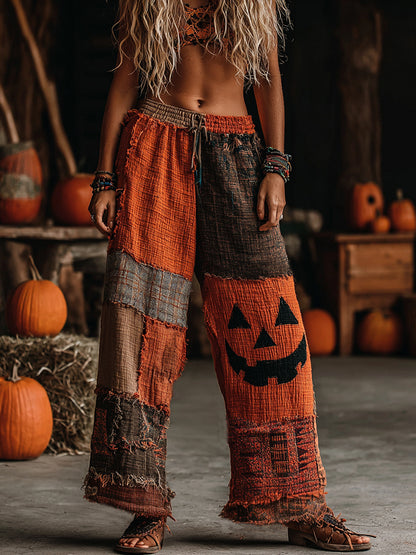 Classic Halloween Pumpkin Face Contrast Color Patchwork Linen Pants