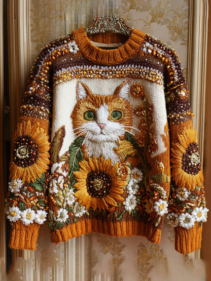 Women's Vintage Halloween Sunflower And Cat Embroidered Sweater