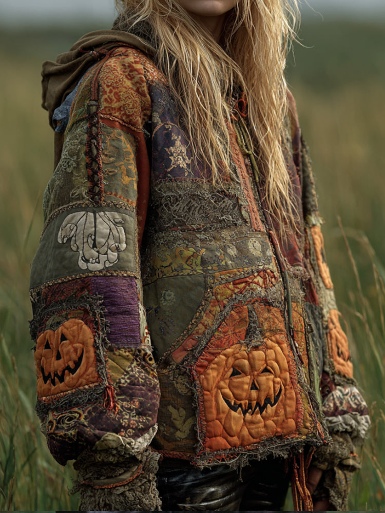 Women's Vintage-style, Distressed Patchwork Halloween Pumpkin Pattern Hoodie